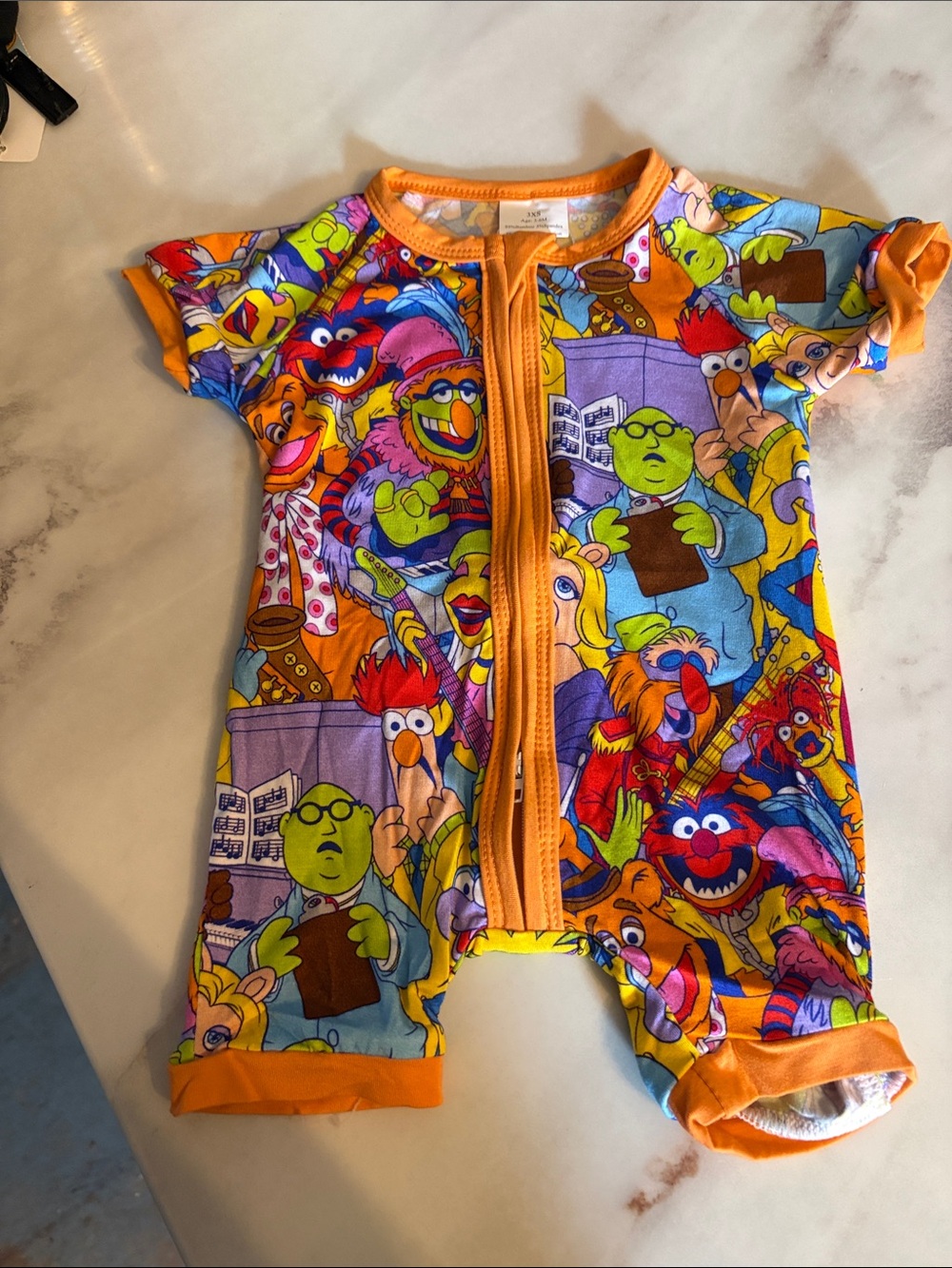 Bamboo Muppet Print Short Sleeve One-Piece - Orange Multicolor